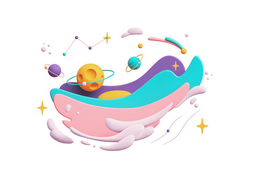 Cartoon yellow moon with craters floats in purple turquoise pink clouds on starry sky. Magic night backdrop with multicolor objects flying bubbles stars planets. 3d render isolated on white backdrop.