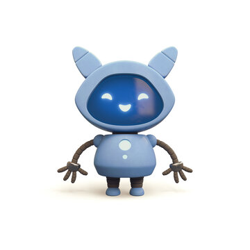 Little cute blue robot girl with ears. Friendly kawaii bot, glowing smiling face on the screen. Lovely Robotic Toy. Concept art of funny personal assistant robot. 3d render isolated on white backdrop.