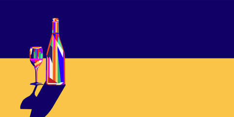 Vector illustration colorful bright bottle of wine and a glass of wine or alcoholic drink.