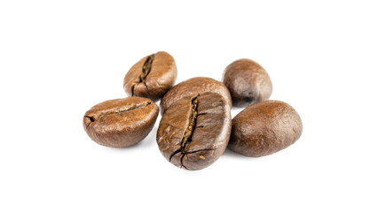 Coffee beans pattern. Black espresso coffee bean flying on white. Aromatic grain fall isolated. Represent breakfast for energy and freshness concept