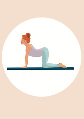 illustration of a woman doing yoga. Cat pose. Flat Style Vector