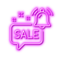 Promotion bell line icon. Sale Alarm reminder sign. Neon light effect outline icon.