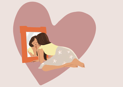 poster woman looking in the mirror, concept of self-love, self-care and self-esteem