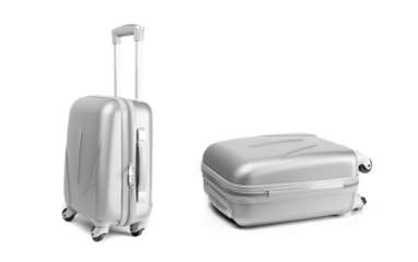 Suitcase isolated on white. Silver travel baggage bag or plastic