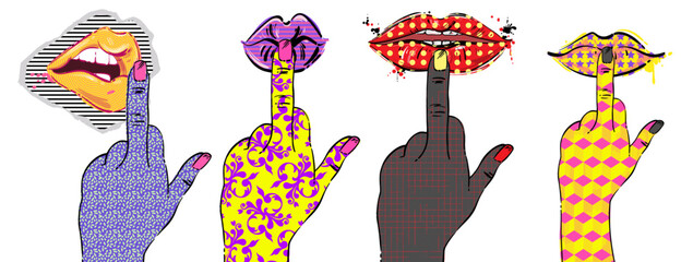 Vector psychedelic illustration of female hand and lips. Fuck you. Protest, strike. trippy