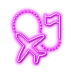 Destination flag line icon. Goal flight travel sign. Neon light effect outline icon.