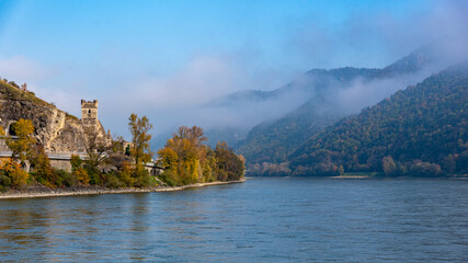Fototapeta na wymiar Danube river misty mountains