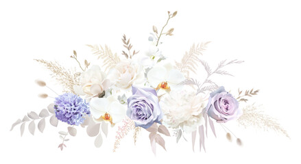 Trendy dried leaves, purple mauve pale rose, white orchid, violet rose, hyacinth, pampas grass