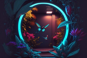 Obraz premium Abstract fantasy floral sci-fi neon portal. Flower plants with neon illumination. AI