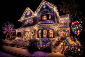 Fototapeta premium generative ai illustration of a wonderful not real existing house decorated with a lot of colorful fairy lights and christmas decoration