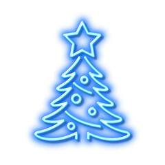 Christmas tree present line icon. New year spruce sign. Neon light effect outline icon.