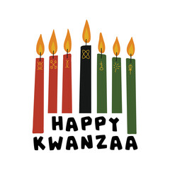 Happy Kwanzaa greeting card with kinara candles - red, black, green with hand drawn symbols of seven principles of Kwanzaa. Cute simple template for African American heritage celebration.