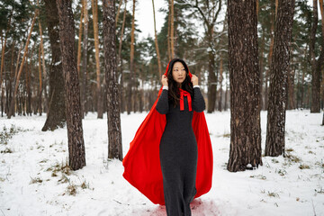 Little Red Riding Hood is going away on a snowy road. Dramatic and fantastic shooting.