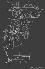 Fototapeta premium Detailed negative navigation white lines urban street roads map of the RECHTES WESERUFER QUARTER of the German town of MINDEN, Germany on dark gray background