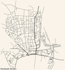 Detailed navigation black lines urban street roads map of the NORDSTADT QUARTER of the German town of MINDEN, Germany on vintage beige background