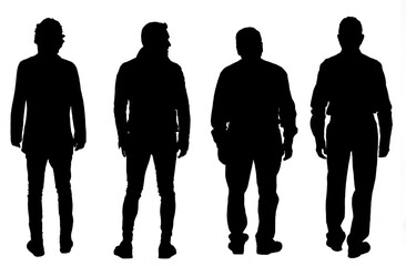 silhouette of a  group of men from behind with white background
