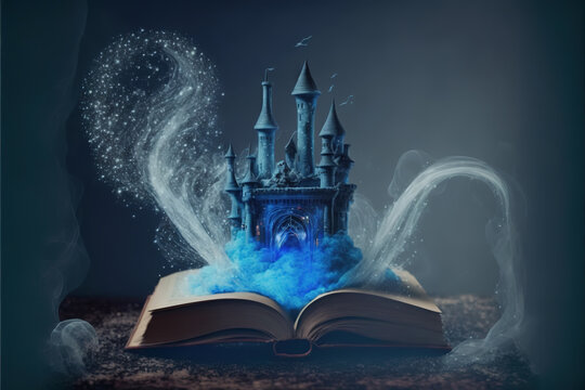 Fairytale  concept, with open book and fairy tale castle