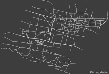Detailed negative navigation white lines urban street roads map of the DÜTZEN QUARTER of the German town of MINDEN, Germany on dark gray background