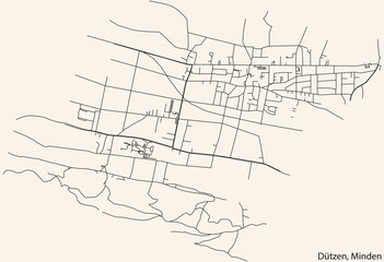 Detailed navigation black lines urban street roads map of the DÜTZEN QUARTER of the German town of MINDEN, Germany on vintage beige background
