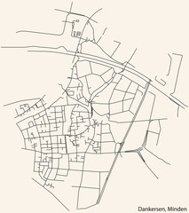 Detailed navigation black lines urban street roads map of the DANKERSEN QUARTER of the German town of MINDEN, Germany on vintage beige background