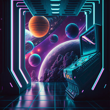 Retrowave/Syntwave art of space, arcade game, good for cover art, neural network generated art. Digitally generated image. Not based on any actual scene or pattern.
