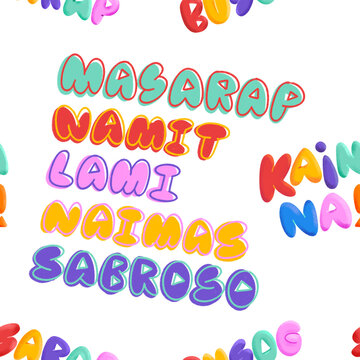 Illustrated lettering pattern in rainbow colors of Filipino words "Busog" "Sarap" "Kain Na!" and translations of "Masarap" in different Filipino languages