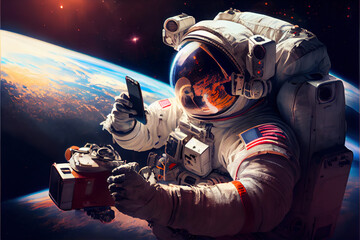 Picture of astronaut with mobile phone - man or woman in suit with helmet - obrazy, fototapety, plakaty