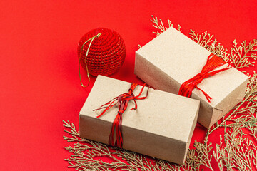 Christmas festive gift boxes, surprise concept. New Year background in red and gold colors