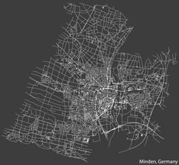 Detailed negative navigation white lines urban street roads map of the German town of MINDEN, GERMANY on dark gray background