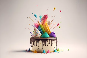 Fotobehang Celebration birthday cake with lots of icing and decorations. generative ai © ink drop