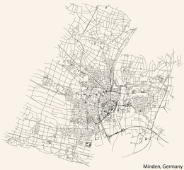 Fototapeta na wymiar Detailed navigation black lines urban street roads map of the German town of MINDEN, GERMANY on vintage beige background