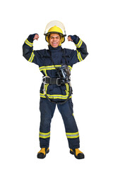 Full body African American fireman in fireproof uniform and helmet flexing his biceps, isolated on white background. Fireman showing his muscles.