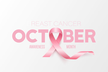 October. Breast Cancer Banner, Card, Placard with Vector 3d Realistic Pink Ribbon. Breast Cancer Awareness Month Symbol Closeup. World Breast Cancer Day Concept