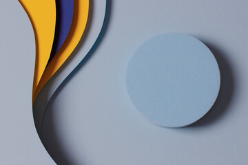 Blank round geometric shape light blue podium platform on paper cut abstract minimal geometric...