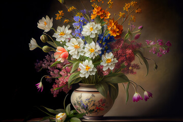 Vintage spring bouquet over dark background, traditional dutch style, illustration