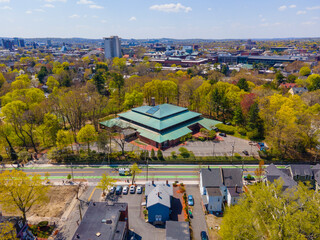 American Academy of Arts and Sciences headquarter aerial view in spring in Cambridge, Massachusetts...