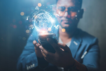 Businessman presenting futuristic business world metaverse graphic. In the form of innovation in digital business processing technology, innovation of the 21st century	