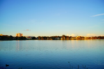 Fototapeta premium Sun set Landscape of city center of lakeland Florida