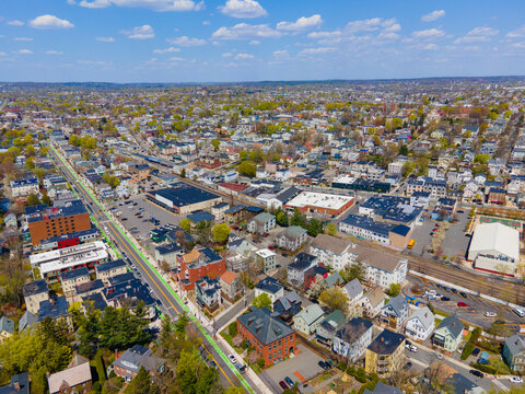 Somerville city center aerial view on Beacon Street in spring, city of Somerville, Massachusetts MA, USA. 