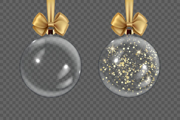 Vector Realistic 3d Transparent Christmas Glass Ball Set with Golden Glitter Closeup Isolated. Design Template of Xmas and New Year Tree Toy Decoration Ball for Mockup. Front View