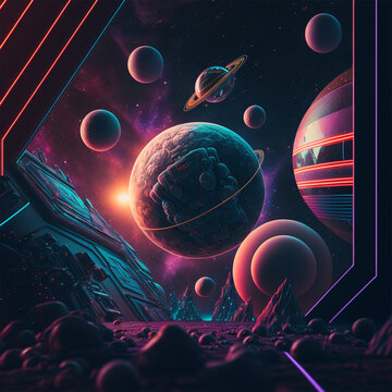 Retrowave/Syntwave art of space, galaxy, good for cover art, wallpaper. Neural network generated art. Digitally generated image. Not based on any actual scene or pattern.