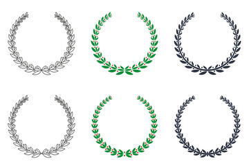 Collection of hand drawn various laurel wreaths isolated on white background