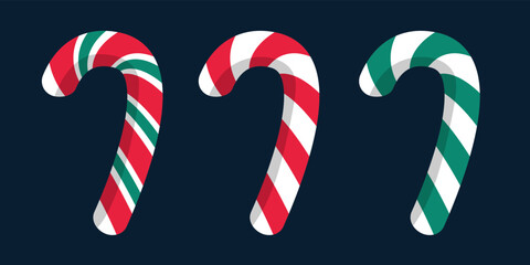 Set of candy canes. Candy cane with red and green stripes. Vector illustration isolated on white background.