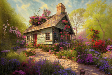 Spring country pastoral illustration with cosy cottage house