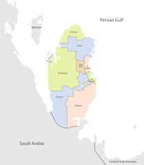 Fototapeta premium Detailed map of location of Qatar and neighboring states on the world map with the administrative divisions of country, vector illustration