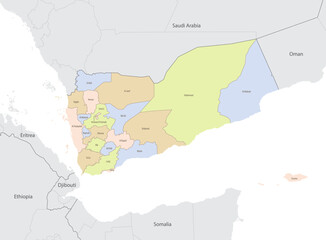 Detailed map of Yemen with administrative divisions and borders of neighboring countries, vector illustration on white background