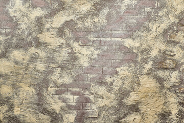 Beige copper brick wall with yellow waves spots for text and decor