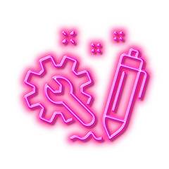 Engineering line icon. Cogwheel and Wrench tool sign. Neon light effect outline icon.