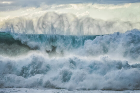 Huge waves crashing near the shores of Oahu; Oahu, Hawaii, United States of America