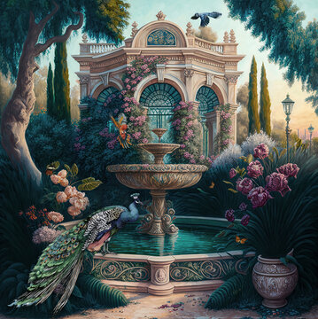 Wallpaper Landscape Of An Old Mansion Garden With A Garden With Trees, Flowers And A Fountain With Peacocks, Birds And Butterflies - Vintage Digital Painting-1